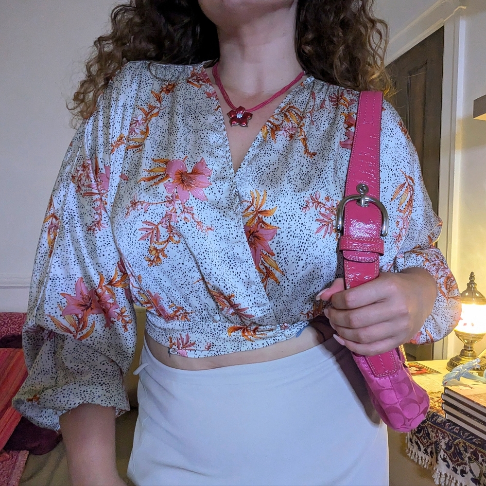 Satin Floral Wrap Blouse - White and Pink